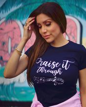 Load image into Gallery viewer, PRAISE IT THROUGH Women&#39;s T-Shirt Navy Silver Glitter Psalm 145:1
