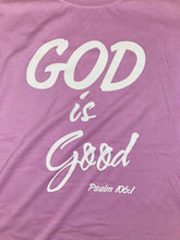 Load image into Gallery viewer, God is Good Psalm 106:1 Women&#39;s T-Shirt  Lilac Lavender Purple
