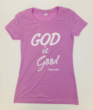 Load image into Gallery viewer, God is Good Psalm 106:1 Women&#39;s T-Shirt  Lilac Lavender Purple
