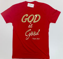 Load image into Gallery viewer, God is Good Psalm 106:1 T-Shirt Unisex Red &amp; Gold
