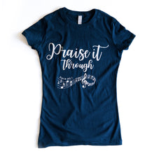 Load image into Gallery viewer, PRAISE IT THROUGH Women&#39;s T-Shirt Navy Silver Glitter Psalm 145:1
